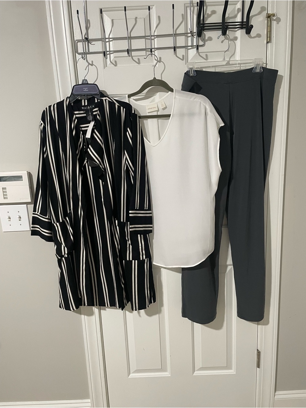 Black White Striped Open-Front Cardigan L Susan graver gray pants Chicos top